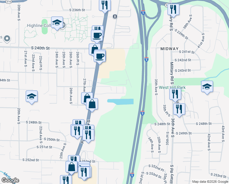 map of restaurants, bars, coffee shops, grocery stores, and more near 24426 Pacific Highway South in Kent