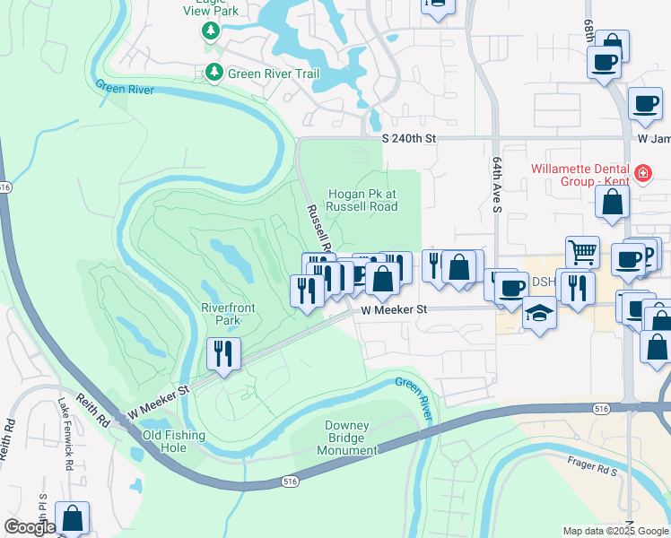 map of restaurants, bars, coffee shops, grocery stores, and more near 24713 Russell Road in Kent