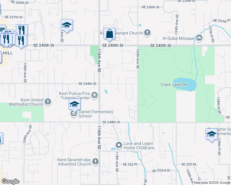 map of restaurants, bars, coffee shops, grocery stores, and more near 24424 118th Court Southeast in Kent