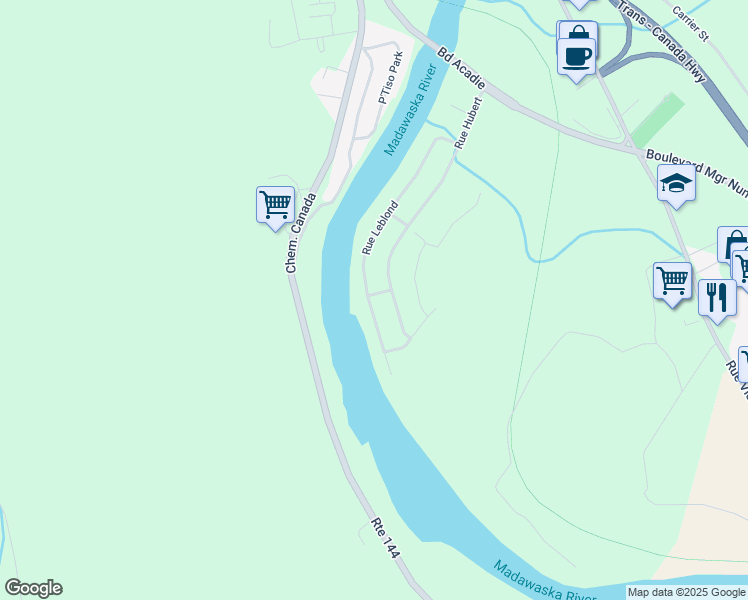 map of restaurants, bars, coffee shops, grocery stores, and more near 88 Rue Leblond in Edmundston