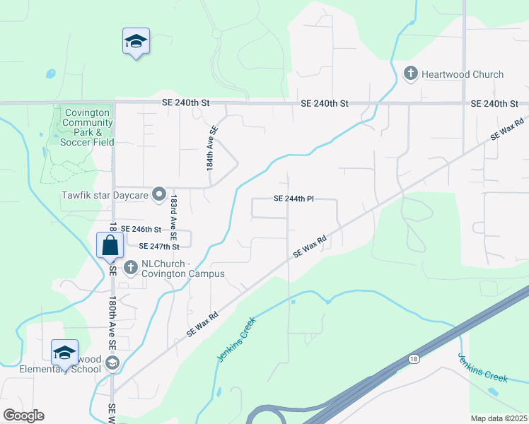 map of restaurants, bars, coffee shops, grocery stores, and more near 18541 Southeast 245th Place in Covington