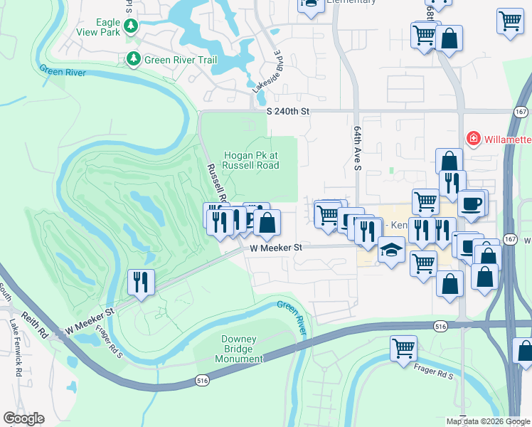 map of restaurants, bars, coffee shops, grocery stores, and more near 24440 Russell Road in Kent