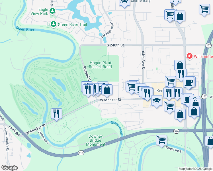 map of restaurants, bars, coffee shops, grocery stores, and more near 24440 Russell Road in Kent