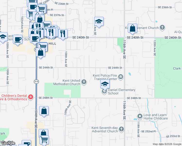 map of restaurants, bars, coffee shops, grocery stores, and more near 24418 111th Avenue Southeast in Kent