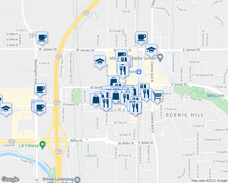 map of restaurants, bars, coffee shops, grocery stores, and more near 420 West Smith Street in Kent