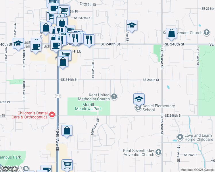map of restaurants, bars, coffee shops, grocery stores, and more near 24430 110th Avenue Southeast in Kent