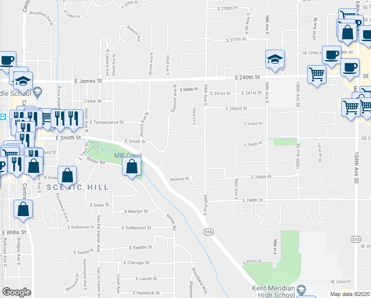 map of restaurants, bars, coffee shops, grocery stores, and more near 24447 94th Avenue South in Kent