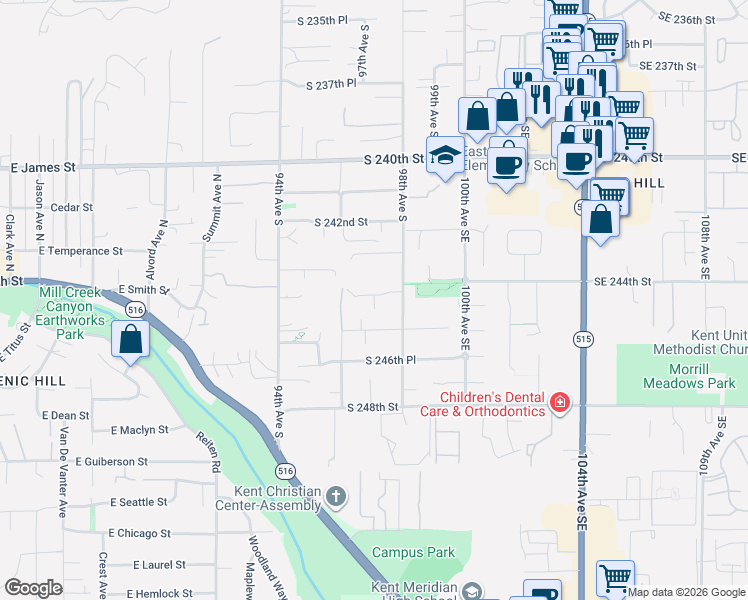 map of restaurants, bars, coffee shops, grocery stores, and more near 9716 South 244th Place in Kent
