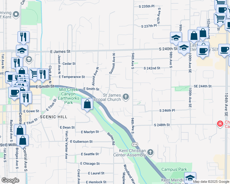 map of restaurants, bars, coffee shops, grocery stores, and more near 315 Summit Avenue North in Kent