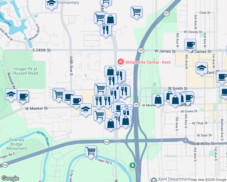 map of restaurants, bars, coffee shops, grocery stores, and more near 229 Washington Avenue North in Kent