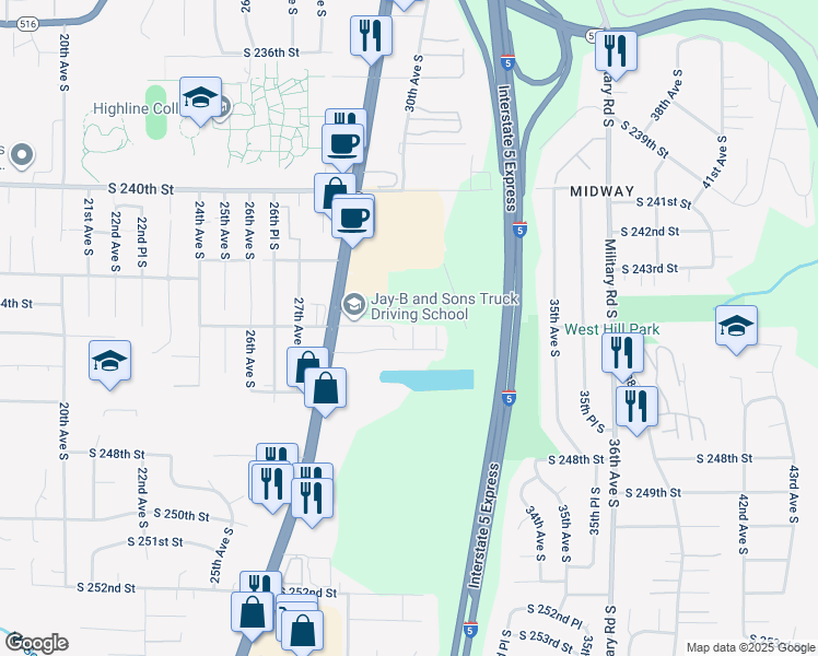 map of restaurants, bars, coffee shops, grocery stores, and more near 24426 Pacific Highway South in Kent