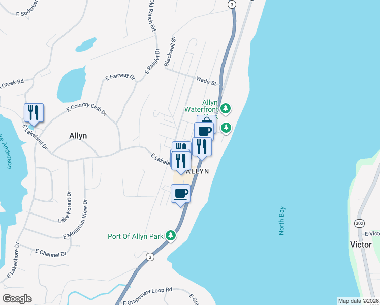 map of restaurants, bars, coffee shops, grocery stores, and more near 82 East Lakeland Drive in Mason County