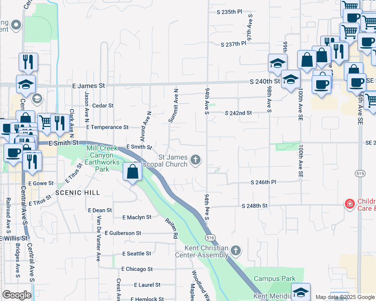 map of restaurants, bars, coffee shops, grocery stores, and more near 308 Summit Avenue North in Kent