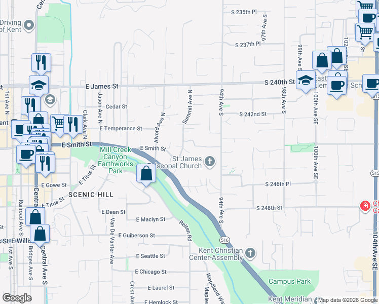 map of restaurants, bars, coffee shops, grocery stores, and more near 315 Summit Avenue North in Kent