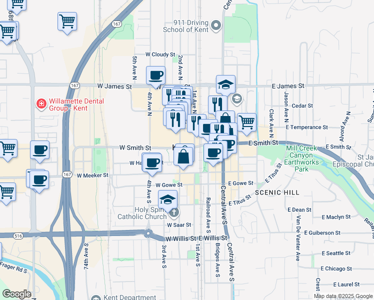map of restaurants, bars, coffee shops, grocery stores, and more near 198 West Smith Street in Kent