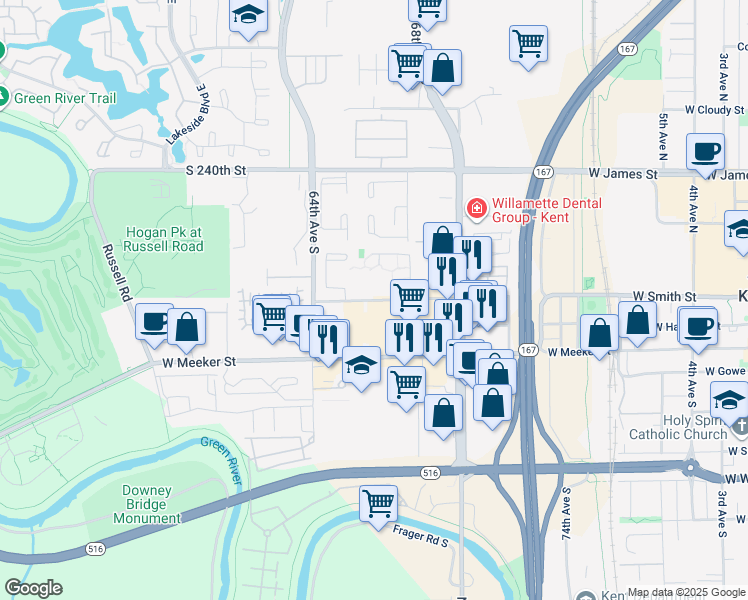 map of restaurants, bars, coffee shops, grocery stores, and more near 1425 W Smith St in Kent