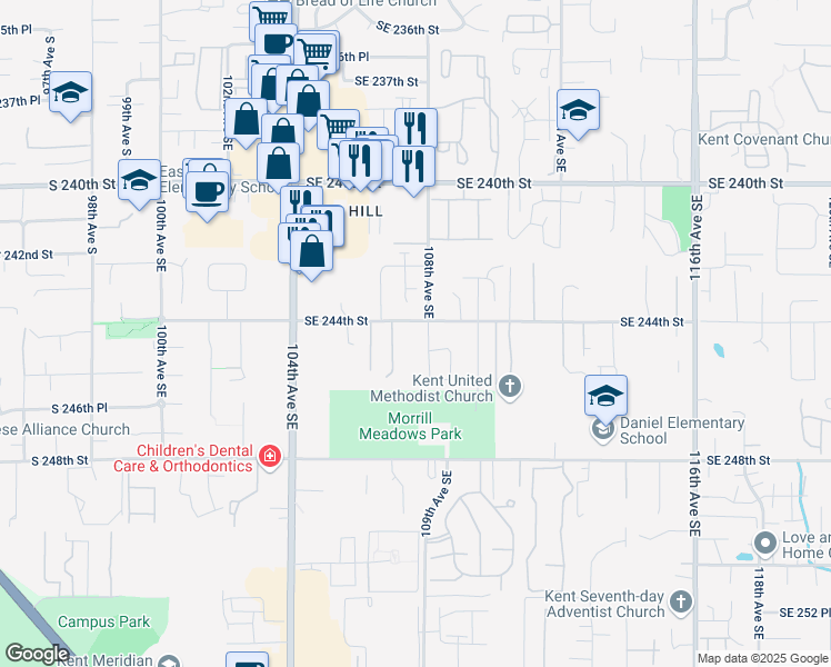 map of restaurants, bars, coffee shops, grocery stores, and more near 10726 Southeast 244th Street in Kent
