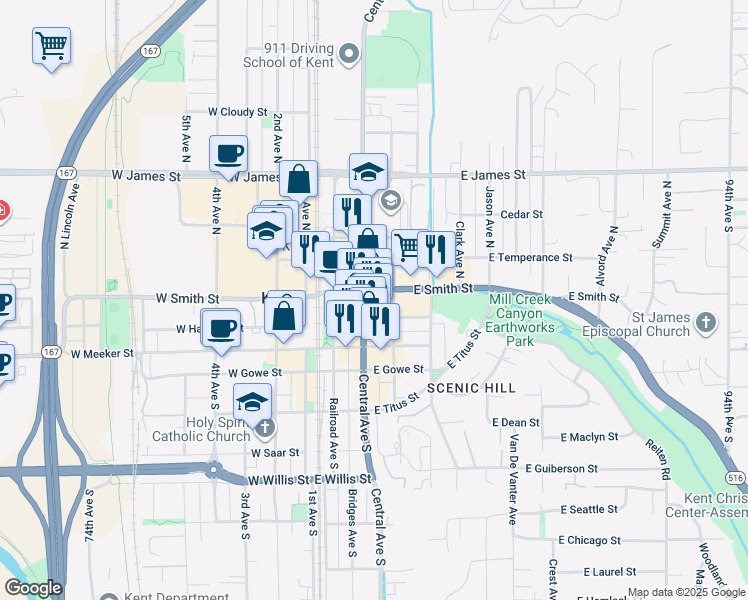 map of restaurants, bars, coffee shops, grocery stores, and more near 317 Washington 516 in Kent