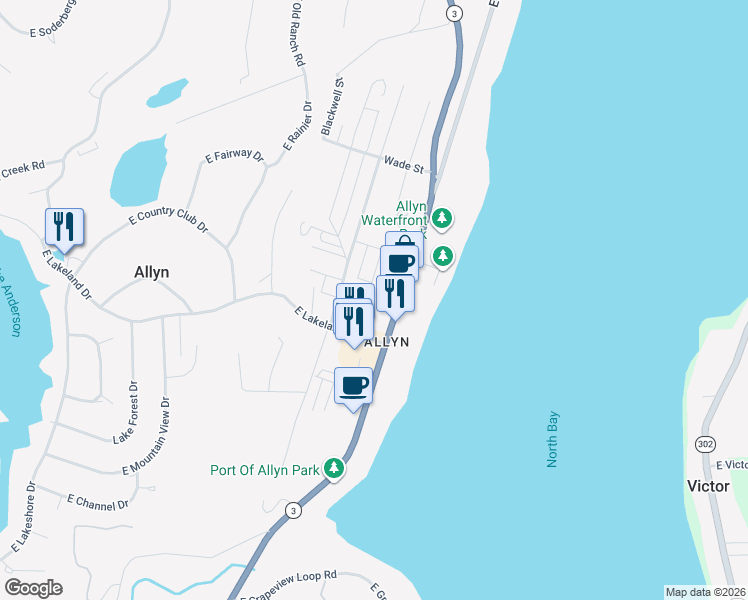 map of restaurants, bars, coffee shops, grocery stores, and more near 82 East Lakeland Drive in Mason County