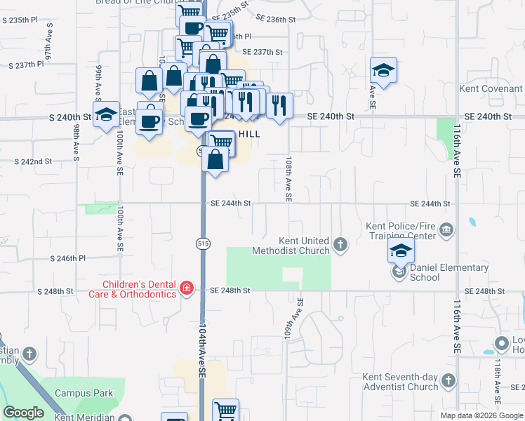 map of restaurants, bars, coffee shops, grocery stores, and more near 10625 Southeast 244th Street in Kent