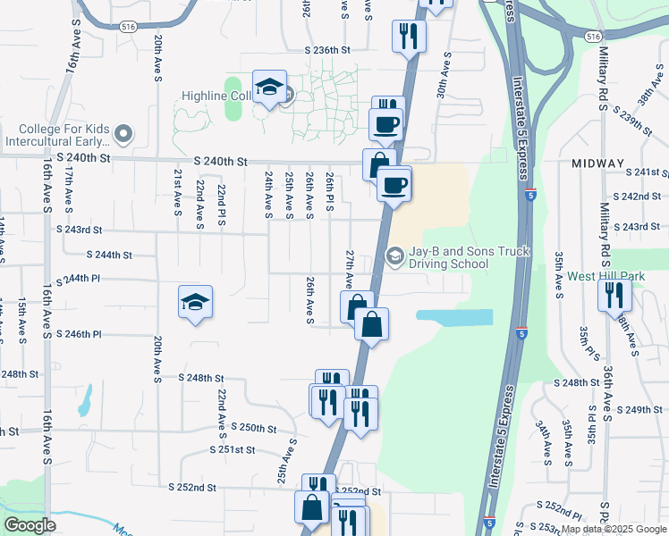 map of restaurants, bars, coffee shops, grocery stores, and more near 24246 26th Place South in Des Moines