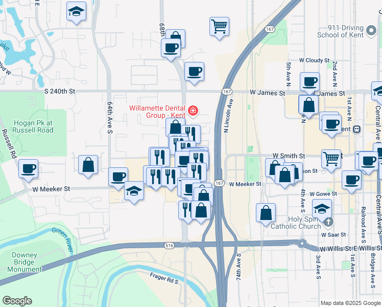 map of restaurants, bars, coffee shops, grocery stores, and more near 310 Washington Avenue North in Kent