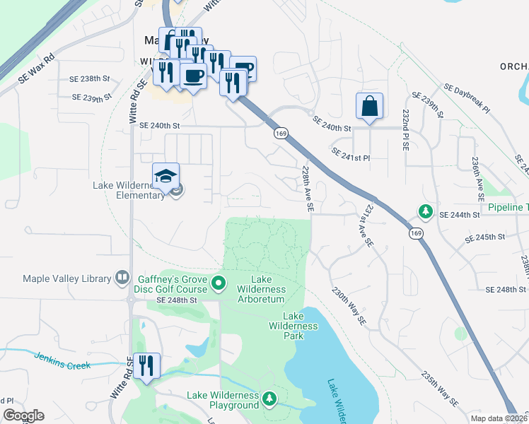 map of restaurants, bars, coffee shops, grocery stores, and more near 22467 Southeast 244th Street in Maple Valley