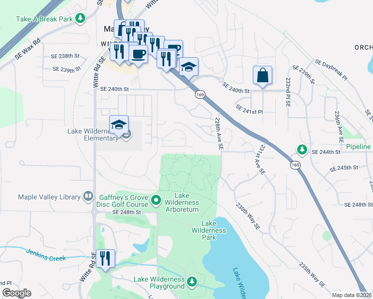 map of restaurants, bars, coffee shops, grocery stores, and more near 24334 226th Avenue Southeast in Maple Valley