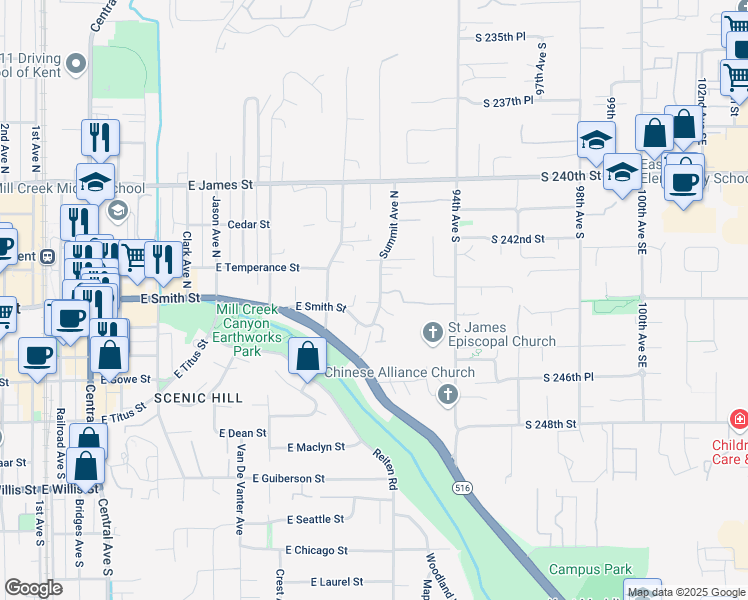 map of restaurants, bars, coffee shops, grocery stores, and more near 315 Summit Avenue North in Kent
