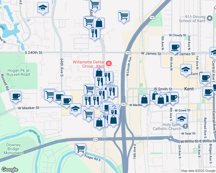 map of restaurants, bars, coffee shops, grocery stores, and more near 310 Washington Avenue North in Kent