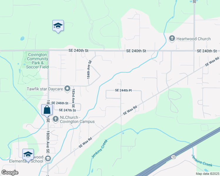 map of restaurants, bars, coffee shops, grocery stores, and more near 18526 Southeast 244th Place in Covington