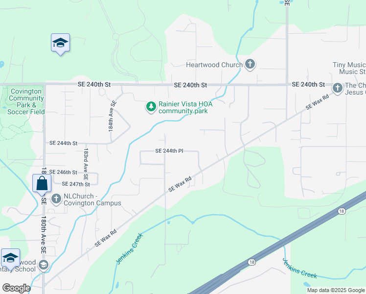 map of restaurants, bars, coffee shops, grocery stores, and more near 18836 Southeast 244th Place in Covington
