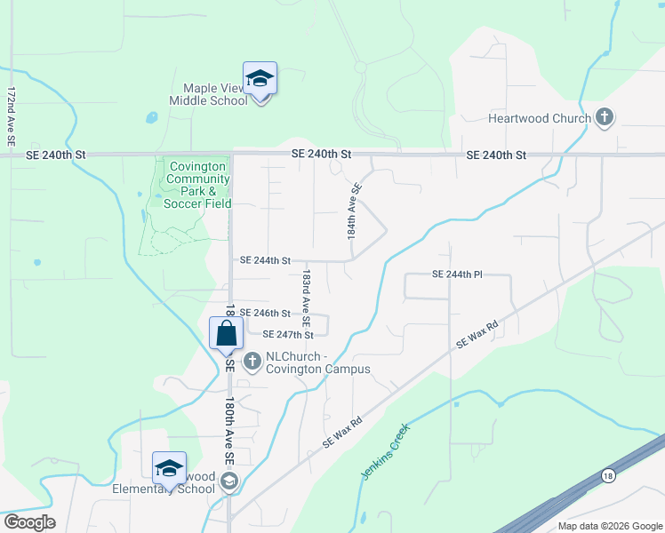 map of restaurants, bars, coffee shops, grocery stores, and more near 24404 183rd Court Southeast in Covington