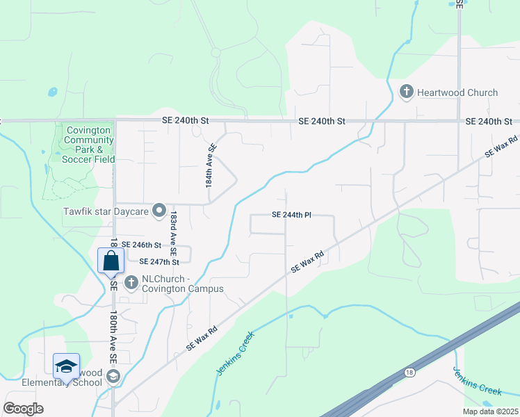 map of restaurants, bars, coffee shops, grocery stores, and more near 18526 Southeast 244th Place in Covington