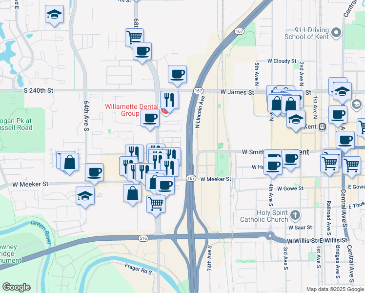 map of restaurants, bars, coffee shops, grocery stores, and more near 1027 West Smith Street in Kent