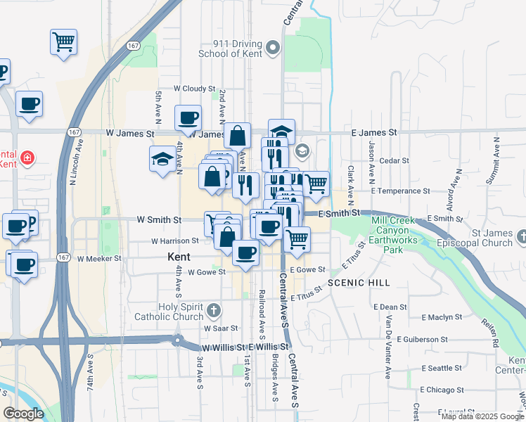 map of restaurants, bars, coffee shops, grocery stores, and more near 300 Railroad Avenue North in Kent