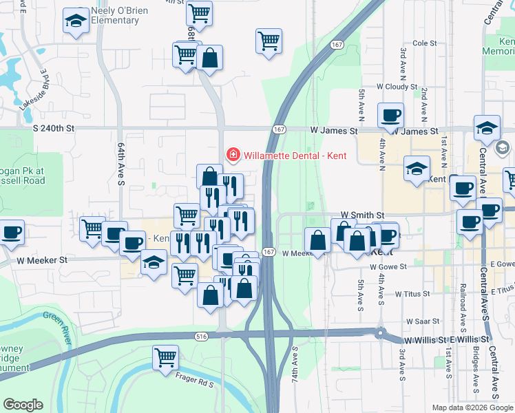 map of restaurants, bars, coffee shops, grocery stores, and more near 1027 West Smith Street in Kent