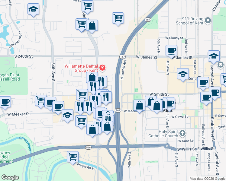 map of restaurants, bars, coffee shops, grocery stores, and more near 1027 West Smith Street in Kent