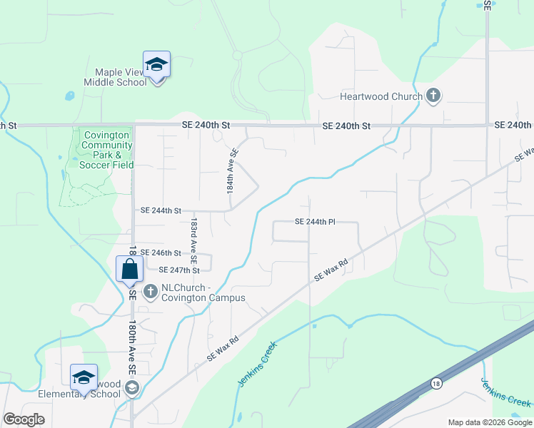 map of restaurants, bars, coffee shops, grocery stores, and more near 18512 Southeast 244th Place in Covington
