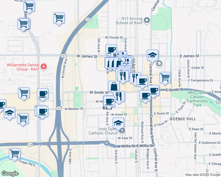 map of restaurants, bars, coffee shops, grocery stores, and more near 311 4th Avenue North in Kent