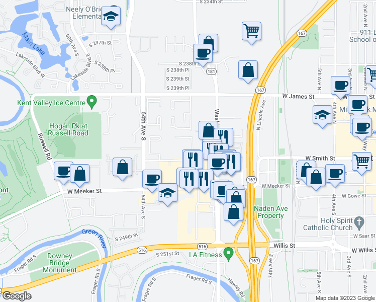 map of restaurants, bars, coffee shops, grocery stores, and more near 1259 West Smith Street in Kent