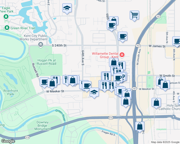 map of restaurants, bars, coffee shops, grocery stores, and more near 1615 West Smith Street in Kent