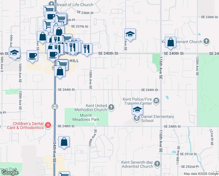 map of restaurants, bars, coffee shops, grocery stores, and more near 11004 SE 244th St in Kent