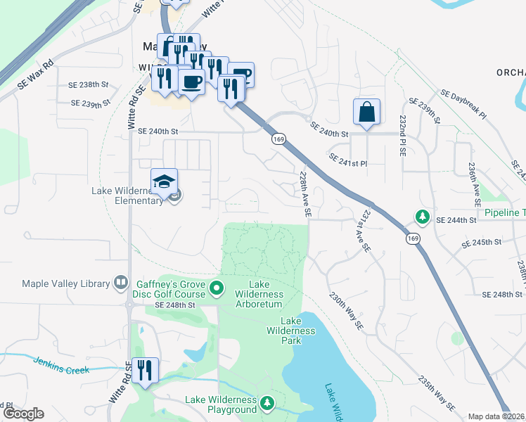 map of restaurants, bars, coffee shops, grocery stores, and more near 24334 226th Ave SE in Maple Valley