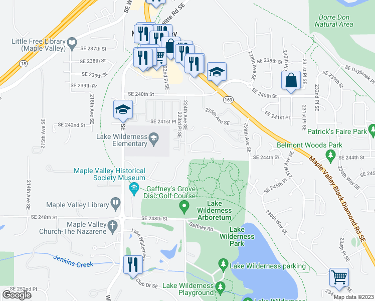 map of restaurants, bars, coffee shops, grocery stores, and more near 22405 Southeast 244th Street in Maple Valley