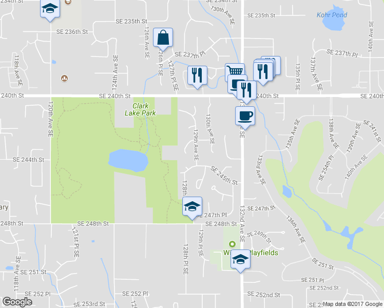 map of restaurants, bars, coffee shops, grocery stores, and more near 24323 129th Avenue Southeast in Kent