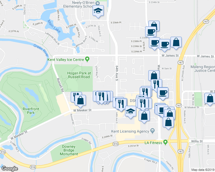 map of restaurants, bars, coffee shops, grocery stores, and more near 1626 West Smith Court in Kent