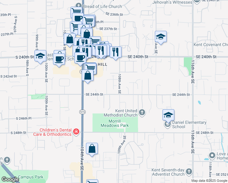 map of restaurants, bars, coffee shops, grocery stores, and more near 10726 Southeast 244th Street in Kent