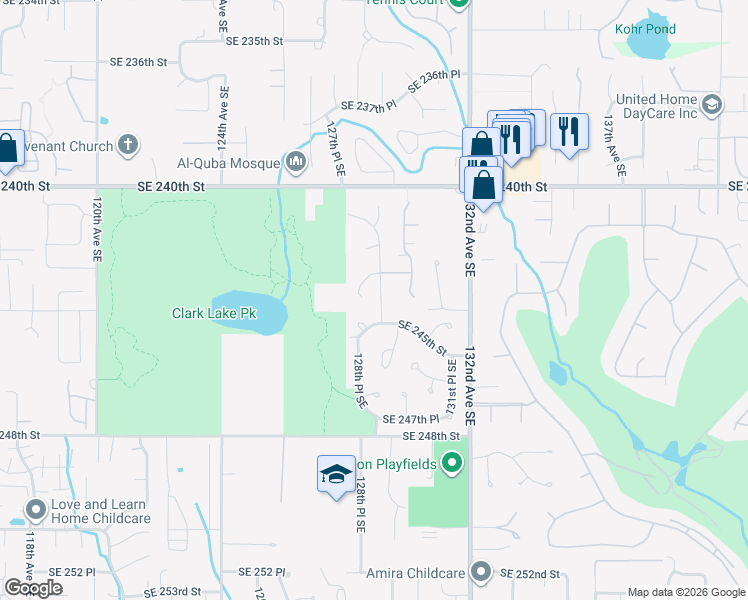 map of restaurants, bars, coffee shops, grocery stores, and more near 24323 129th Avenue Southeast in Kent