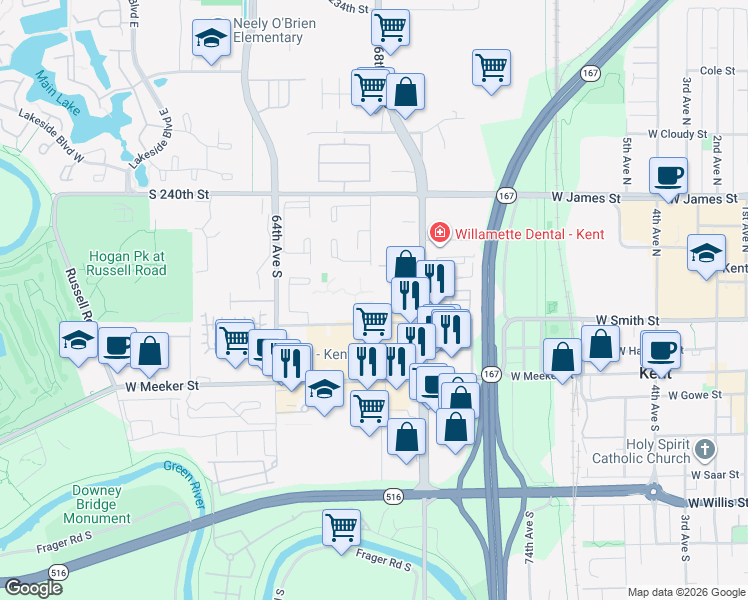 map of restaurants, bars, coffee shops, grocery stores, and more near 1259 West Smith Street in Kent